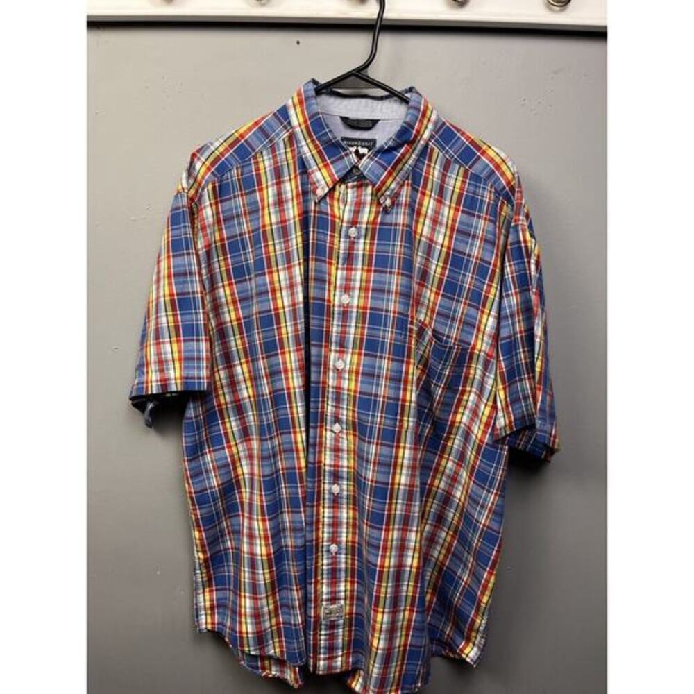 Woods & Gray shirt Mens XL Blue Plaid‎ Short Sleeve Pocket Preppy Casual